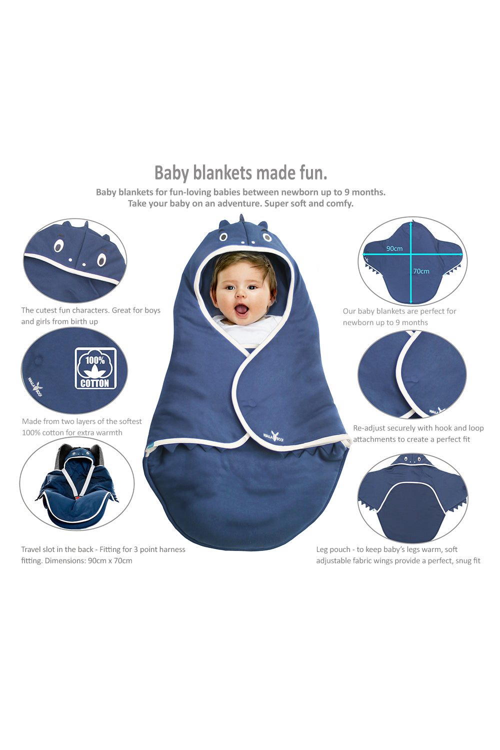Car seat baby blanket with embroidered motifs and animal details