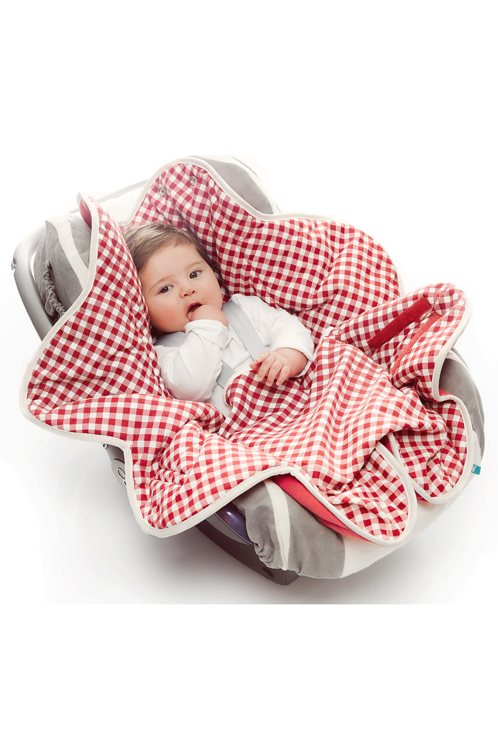 baby blanket with pouch pocket and velcro closure in gingham