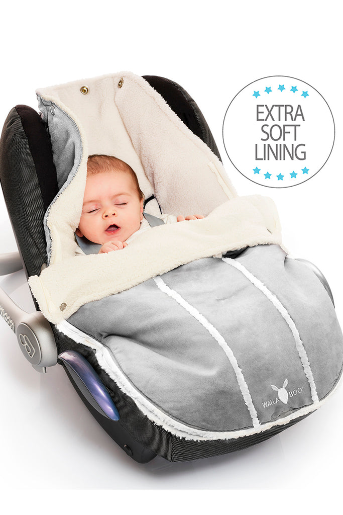 Faux suede footmuff for car seat with teddy lining in silver