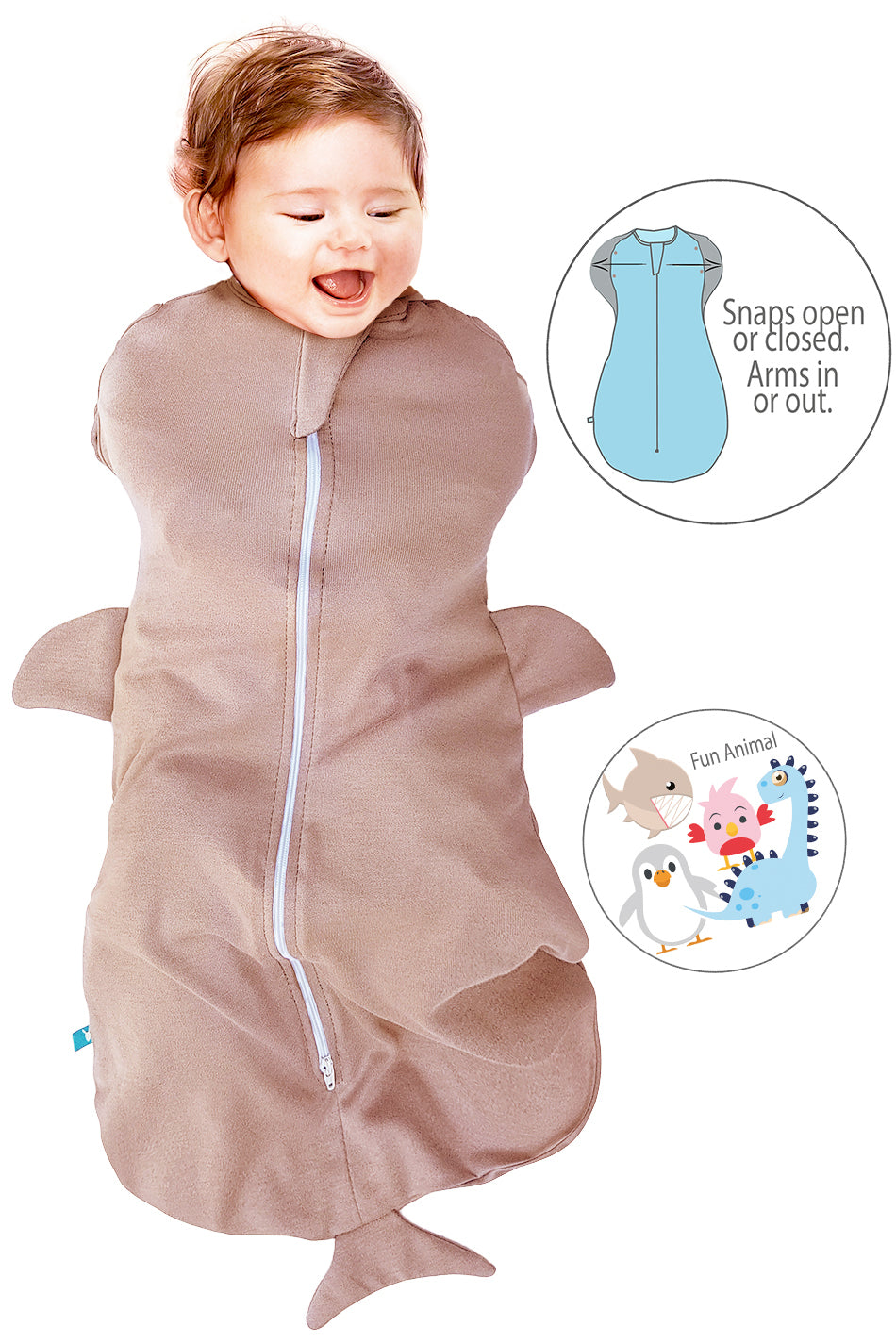 Baby Schlafsack für Neugeborene mit Tiermuster in Große M in Taupe – Wallaboo