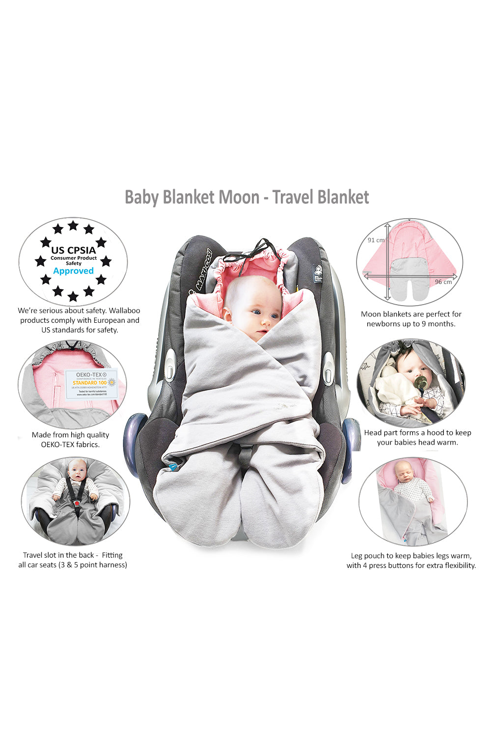 Extra large baby blanket for car seat and stroller in silver and